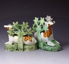 Pair of Antique English Pottery Figures of a Stag and Dow, Late 18th Century
