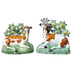 Pair of Antique English Pottery Figures of a Stag and Dow, Late 18th Century