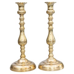 Pair of 19th Century English Queen Anne Style Polished Brass Candlesticks