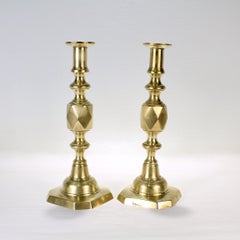 Pair of Antique English 'Queen of Diamonds' Brass Candlesticks