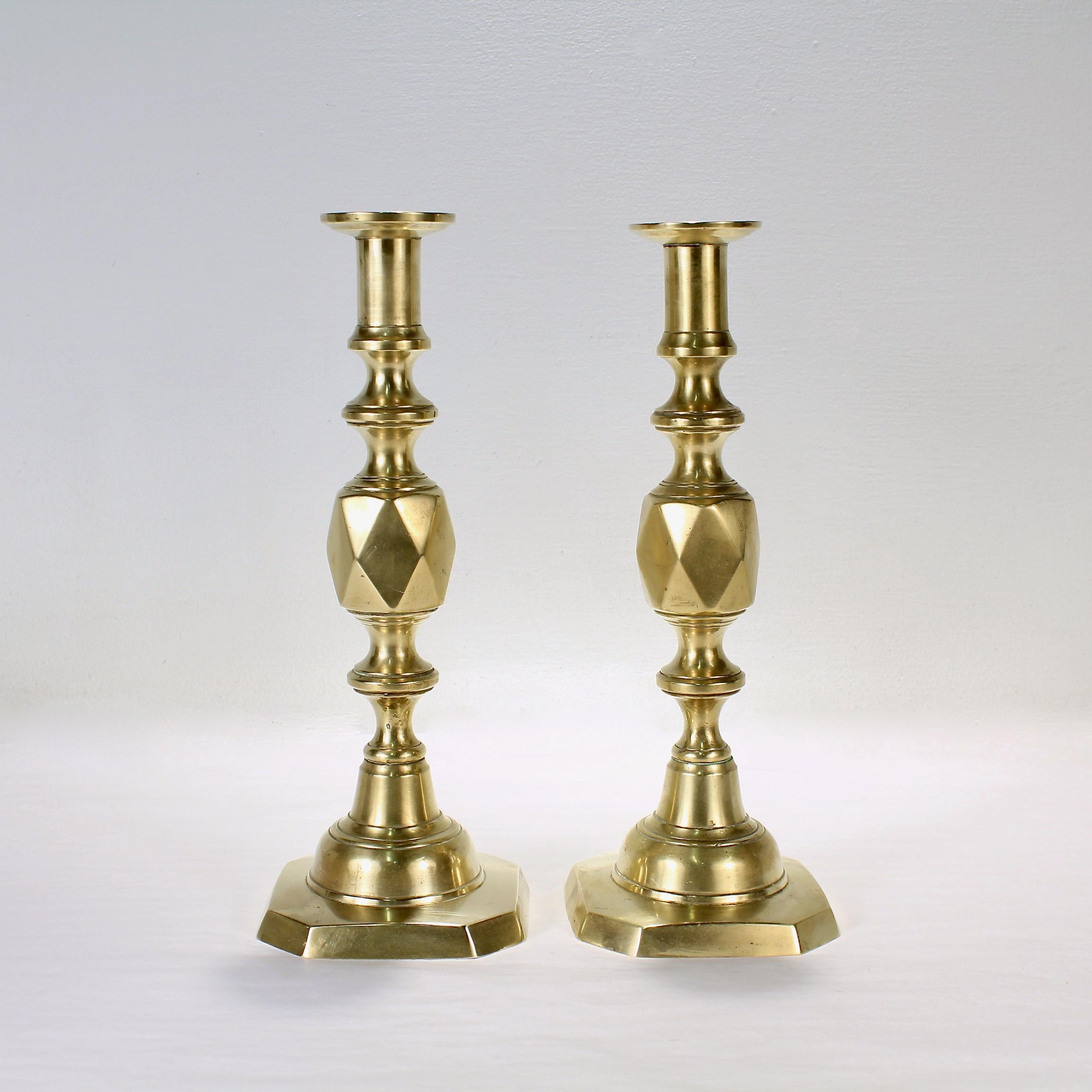 Victorian Pair of Antique English 'Queen of Diamonds' Brass Candlesticks