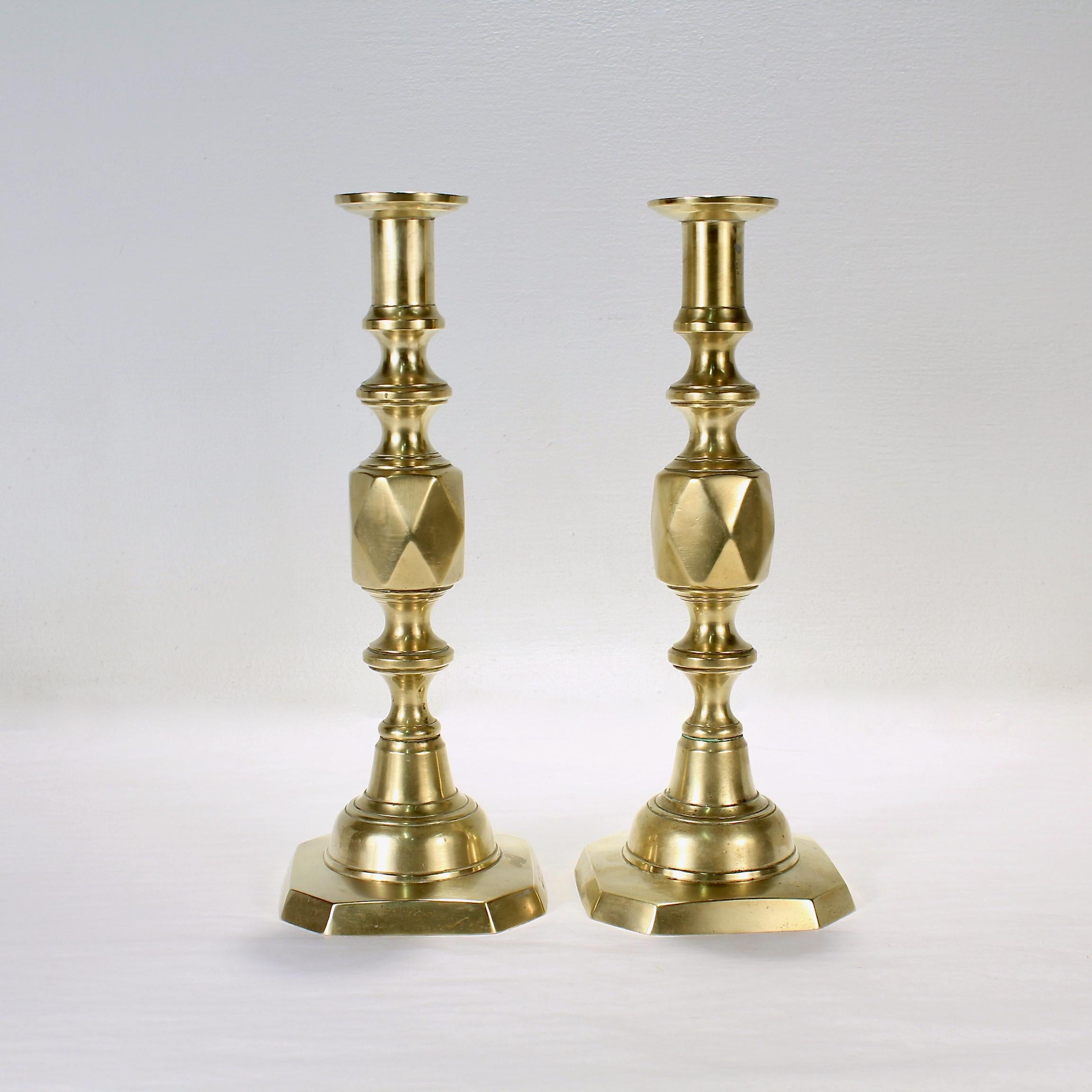 British Pair of Antique English 'Queen of Diamonds' Brass Candlesticks