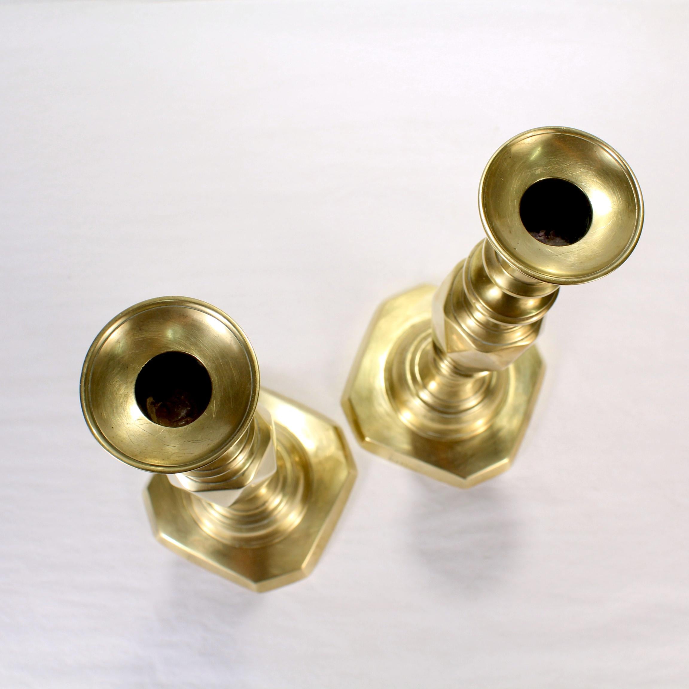 Pair of Antique English 'Queen of Diamonds' Brass Candlesticks In Good Condition In Philadelphia, PA