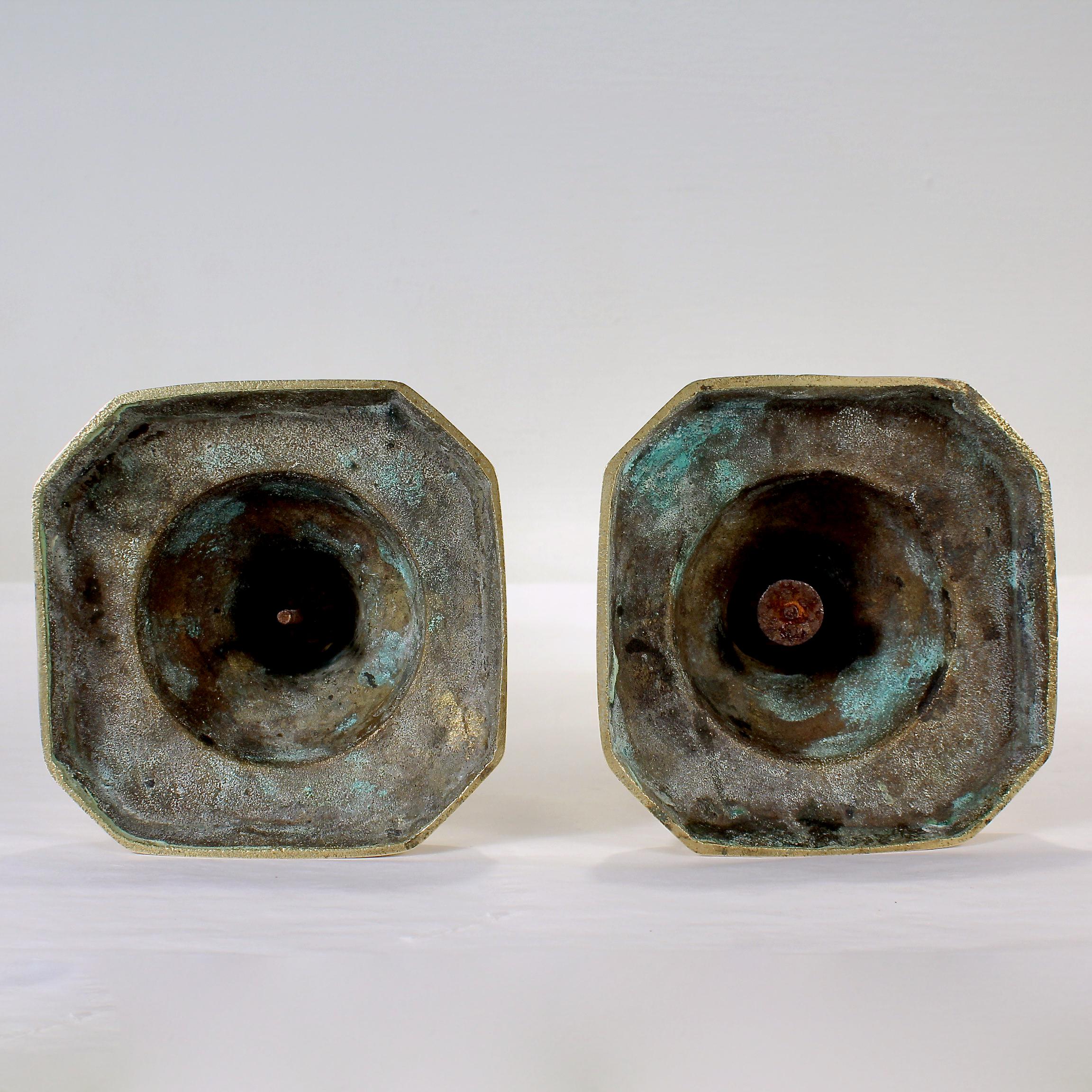 20th Century Pair of Antique English 'Queen of Diamonds' Brass Candlesticks