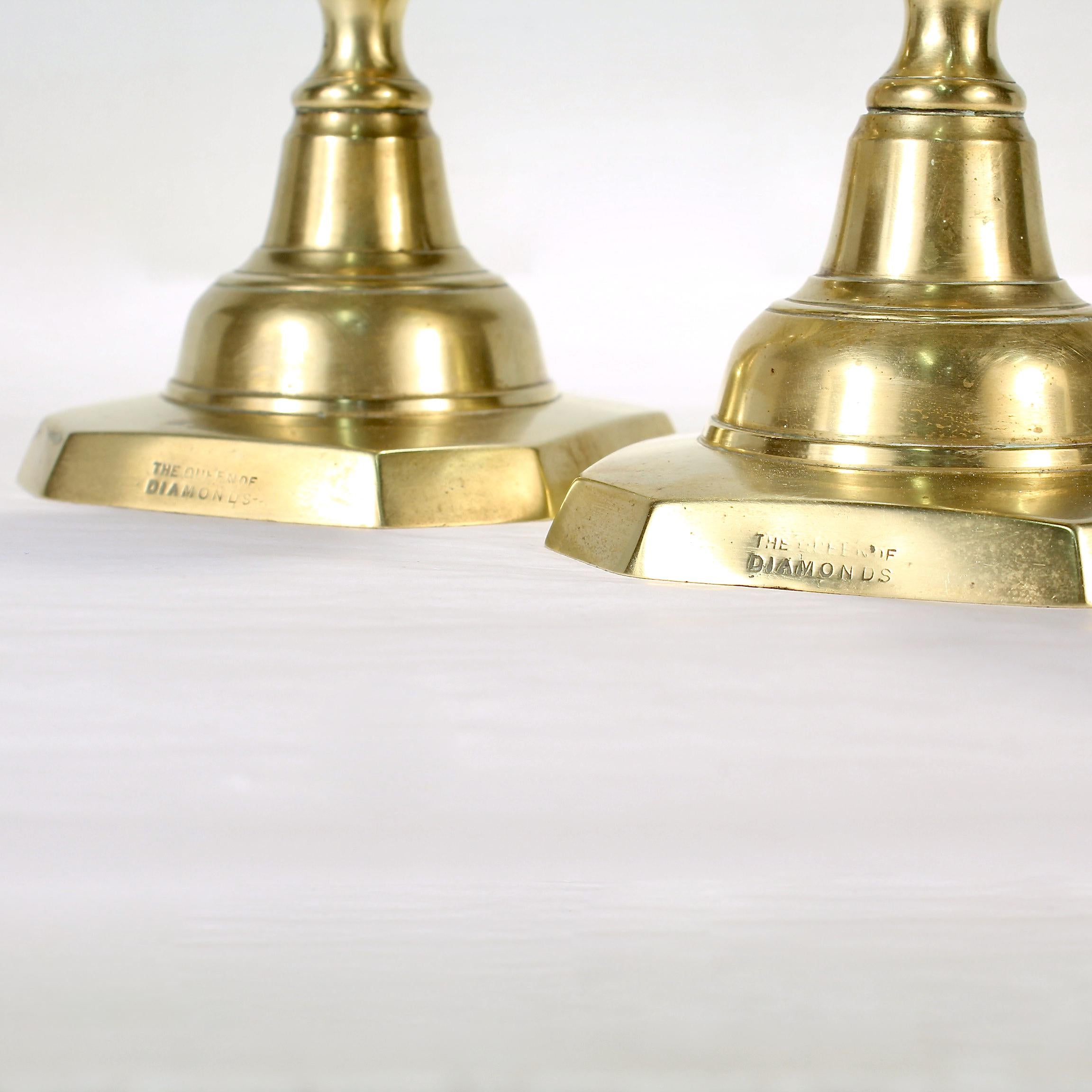 Pair of Antique English 'Queen of Diamonds' Brass Candlesticks 1