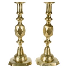 Pair of Antique English 'Queen of Diamonds' Brass Candlesticks