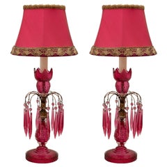 Pair of Antique English Red Cranberry Crystal Lamps with Custom Silk Shades