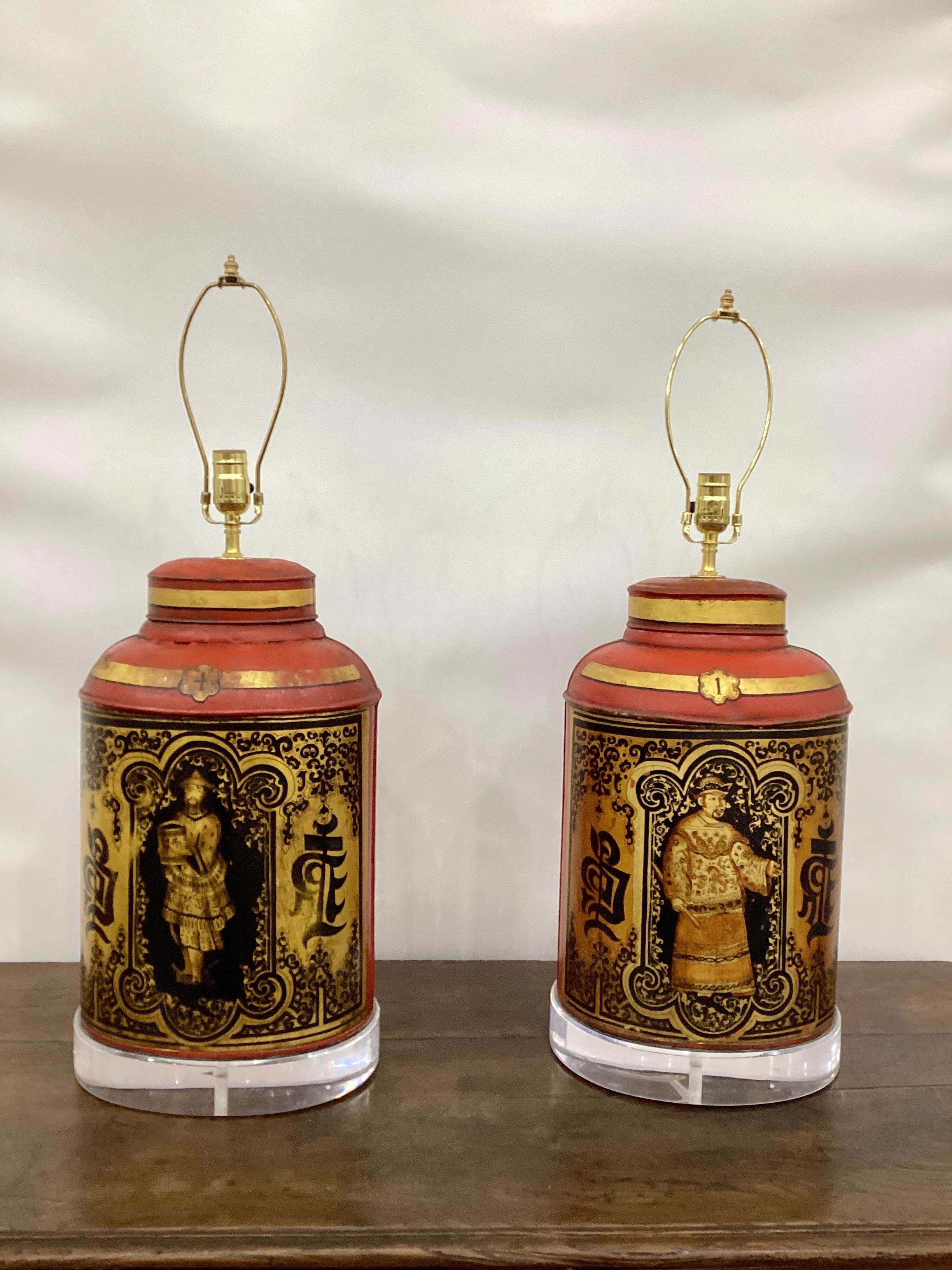 Pair of Antique English Red Tole and Gilt Tea Canister Lamps on Lucite Bases 4
