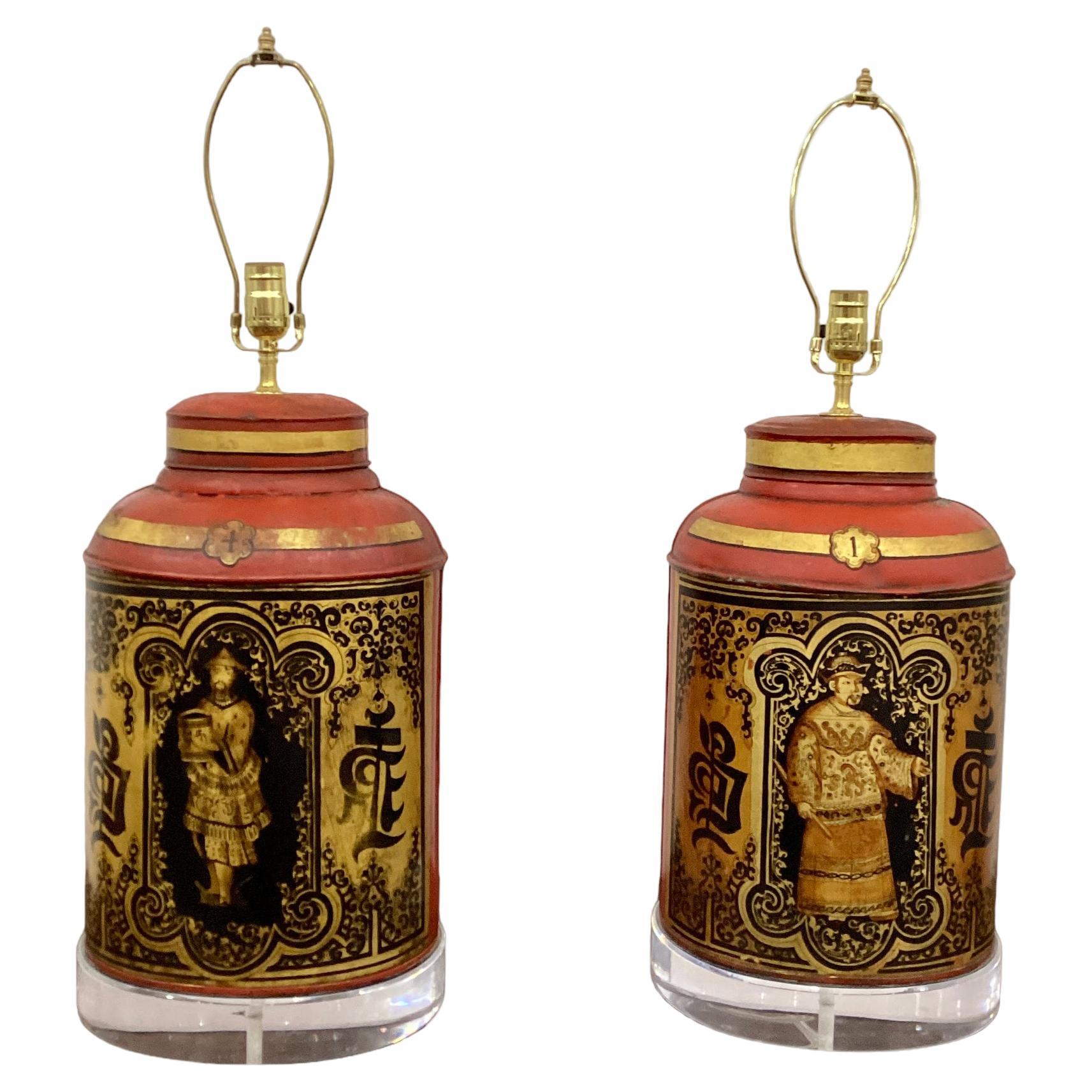 Pair of Antique English Red Tole and Gilt Tea Canister Lamps on Lucite Bases For Sale