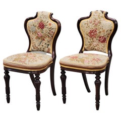Pair of Antique English Regency Chairs With Original Floral Petit-PointUpholster