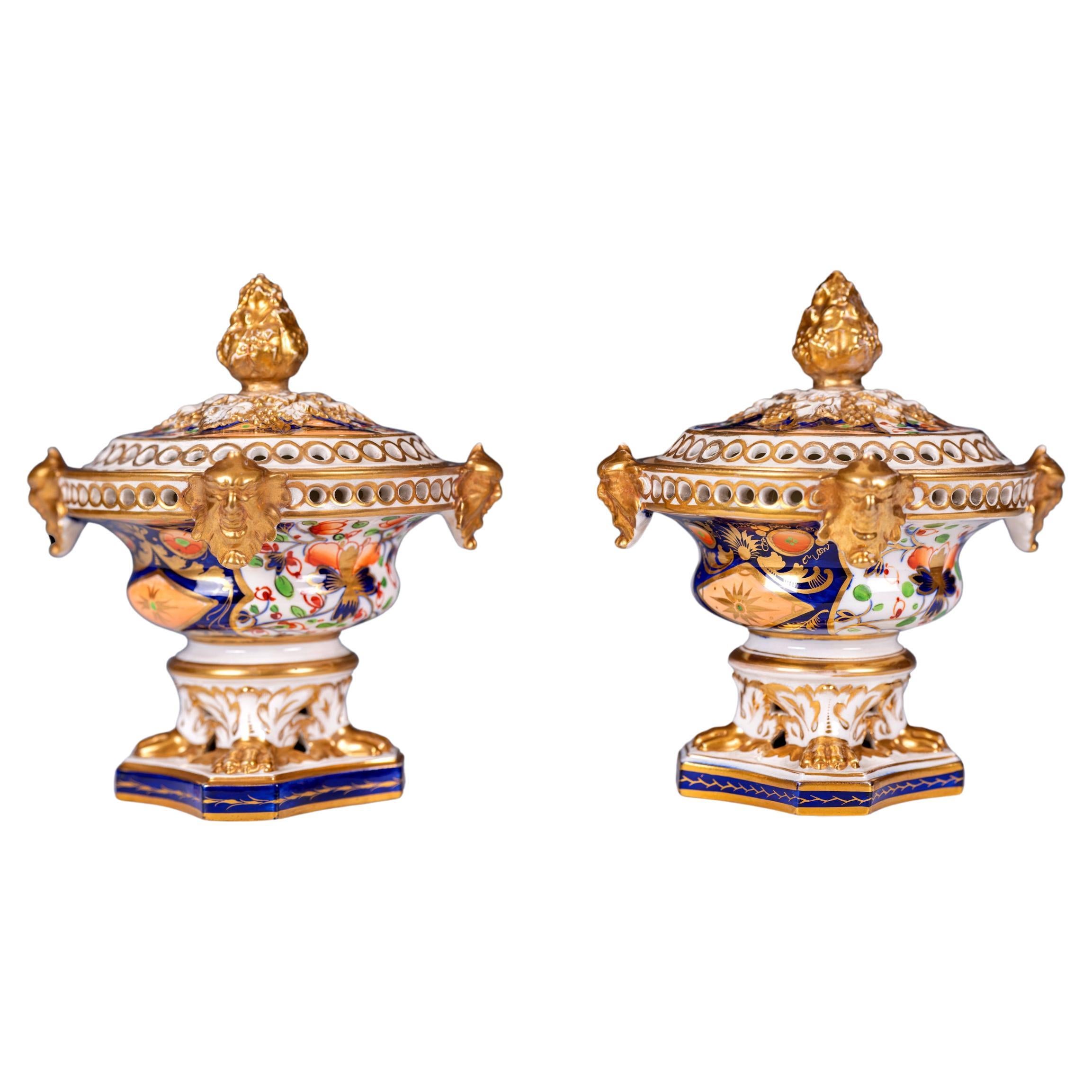 Pair of Antique English Regency Crown Derby Pot Pourri Vases & Covers