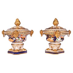 Pair of Antique English Regency Crown Derby Pot Pourri Vases & Covers