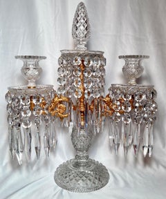 Pair of Antique English Regency Lead Crystal and Gold Bronze Candelabra, Ca 1880