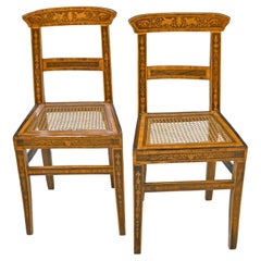 Pair of Antique English Regency Side Chairs with Marquetry Inlays & Caned Seat