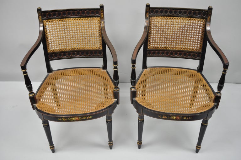 Pair of Antique English Regency Style Black Lacquer Cane Armchairs at