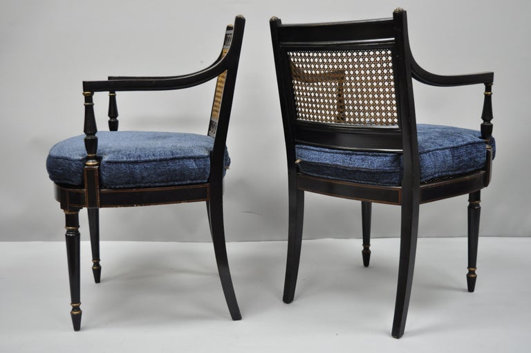 Pair of Antique English Regency Style Black Lacquer Cane Armchairs at