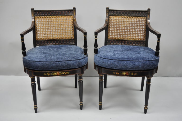 Pair of Antique English Regency Style Black Lacquer Cane Armchairs at