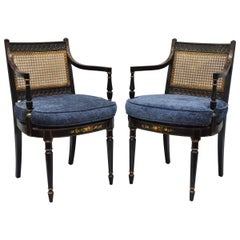 Pair of Antique English Regency Style Black Lacquer Cane Armchairs