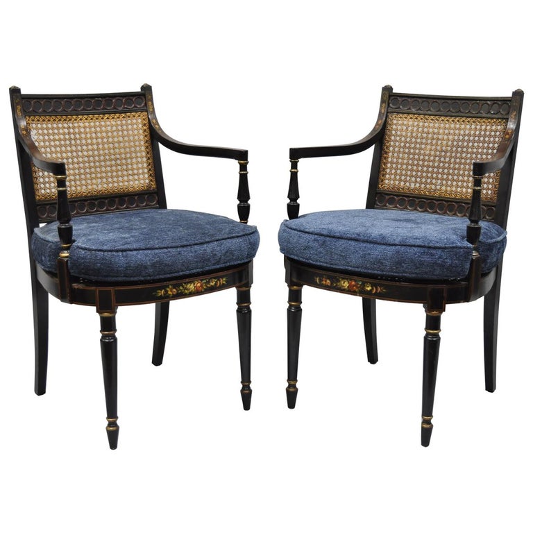 Pair of Antique English Regency Style Black Lacquer Cane Armchairs at