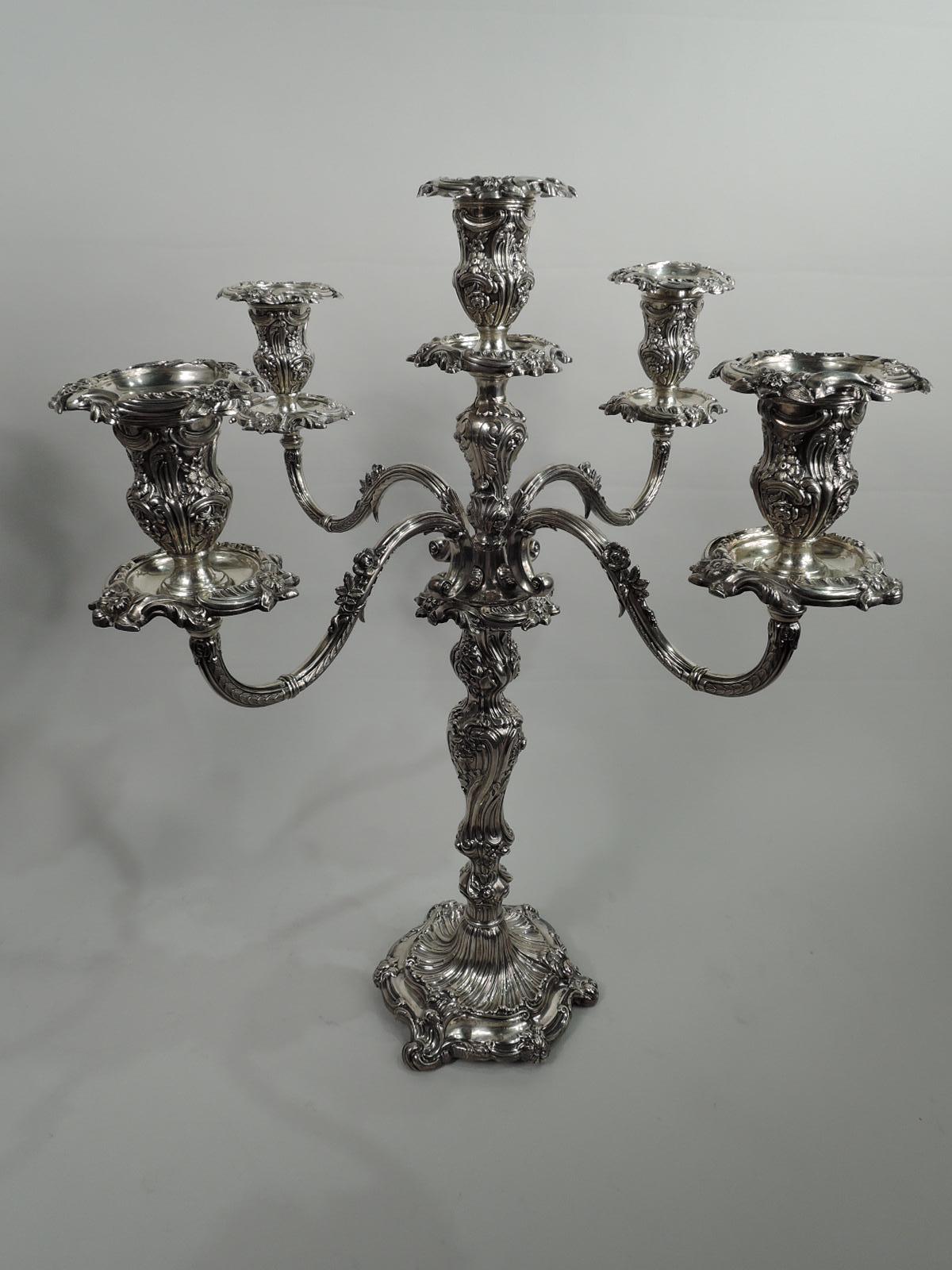 Rococo Revival Pair of Antique English Rococo Sterling Silver 5-Light Candelabra