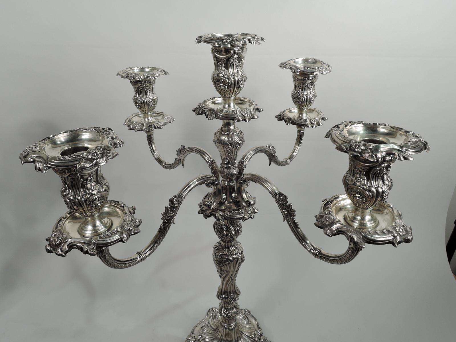 Pair of Antique English Rococo Sterling Silver 5-Light Candelabra In Good Condition In New York, NY