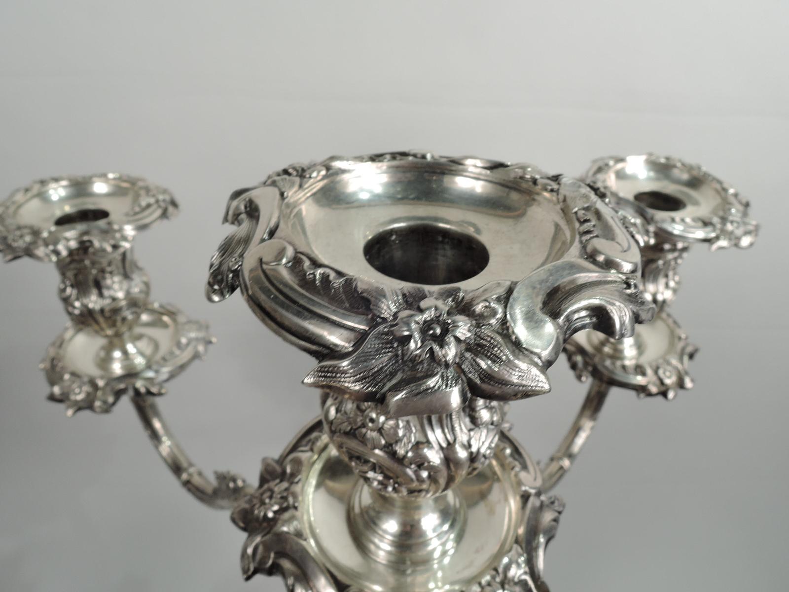 19th Century Pair of Antique English Rococo Sterling Silver 5-Light Candelabra