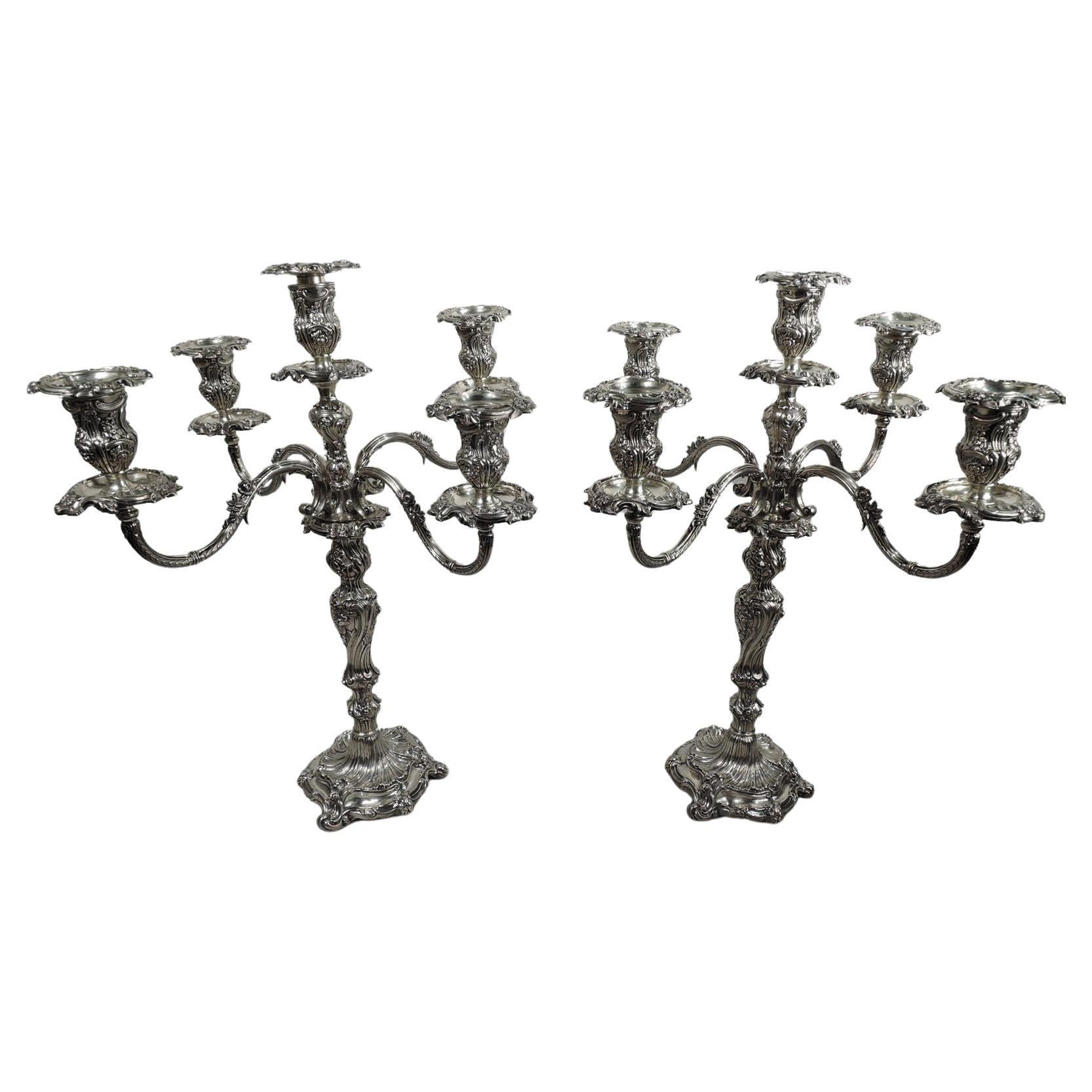 Pair of Antique English Rococo Sterling Silver 5-Light Candelabra