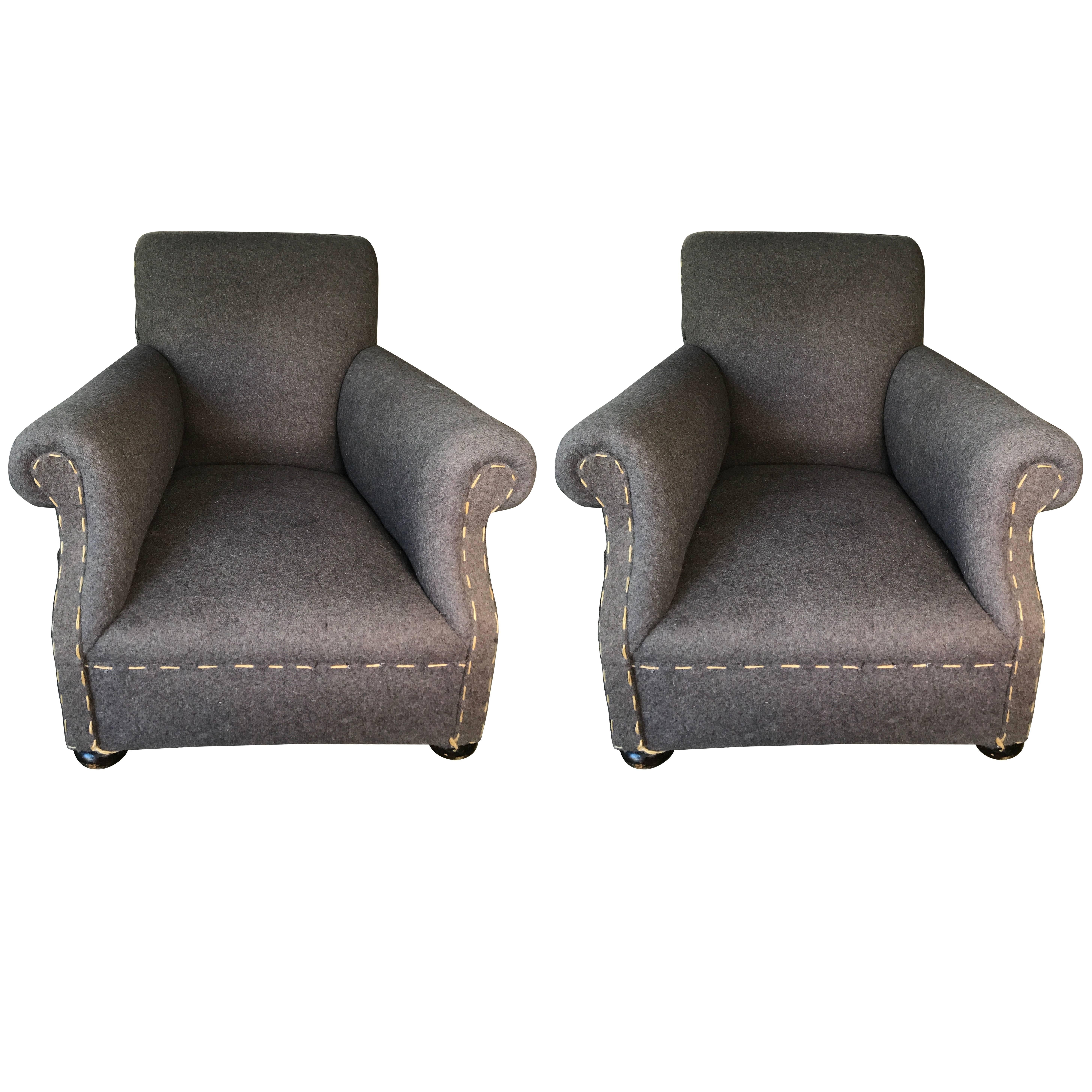 Pair of Wool English Rolled Arm Club Chairs
