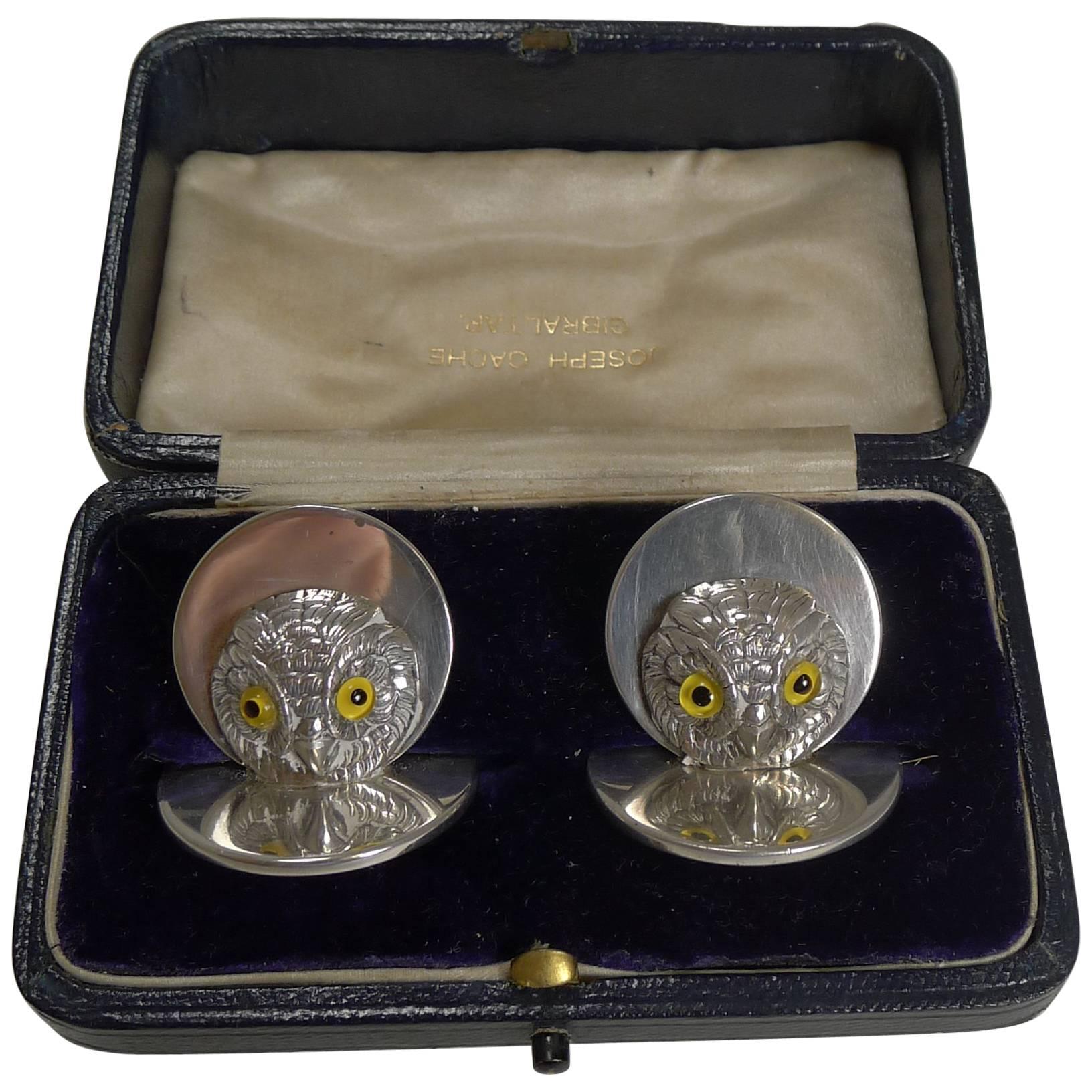 Paar antike englische Sampson Mordan Speisekartenhalter aus Sterlingsilber, Eulen im Angebot