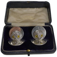 Pair of Antique English Sampson Mordan Sterling Silver Menu Holders, Owls