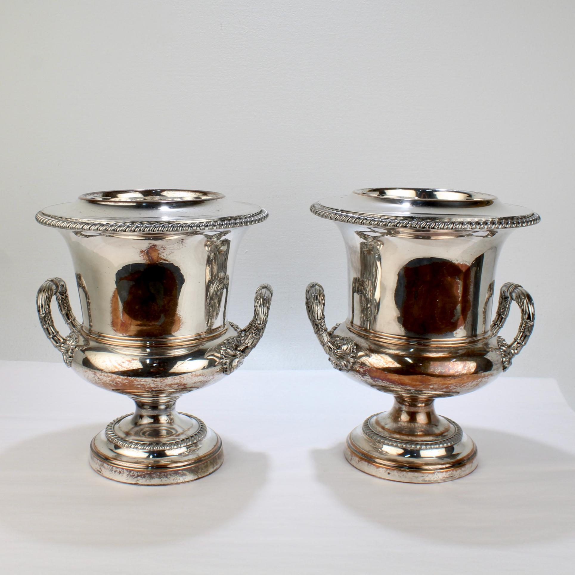 Neoclassical Pair of Antique English Sheffield Silverplate Wine or Champagne Coolers For Sale