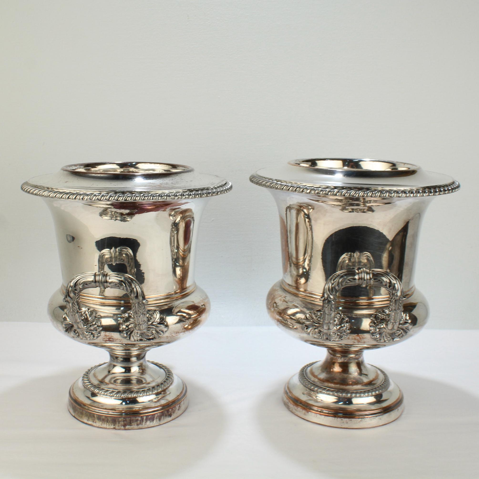 Pair of Antique English Sheffield Silverplate Wine or Champagne Coolers In Fair Condition For Sale In Philadelphia, PA