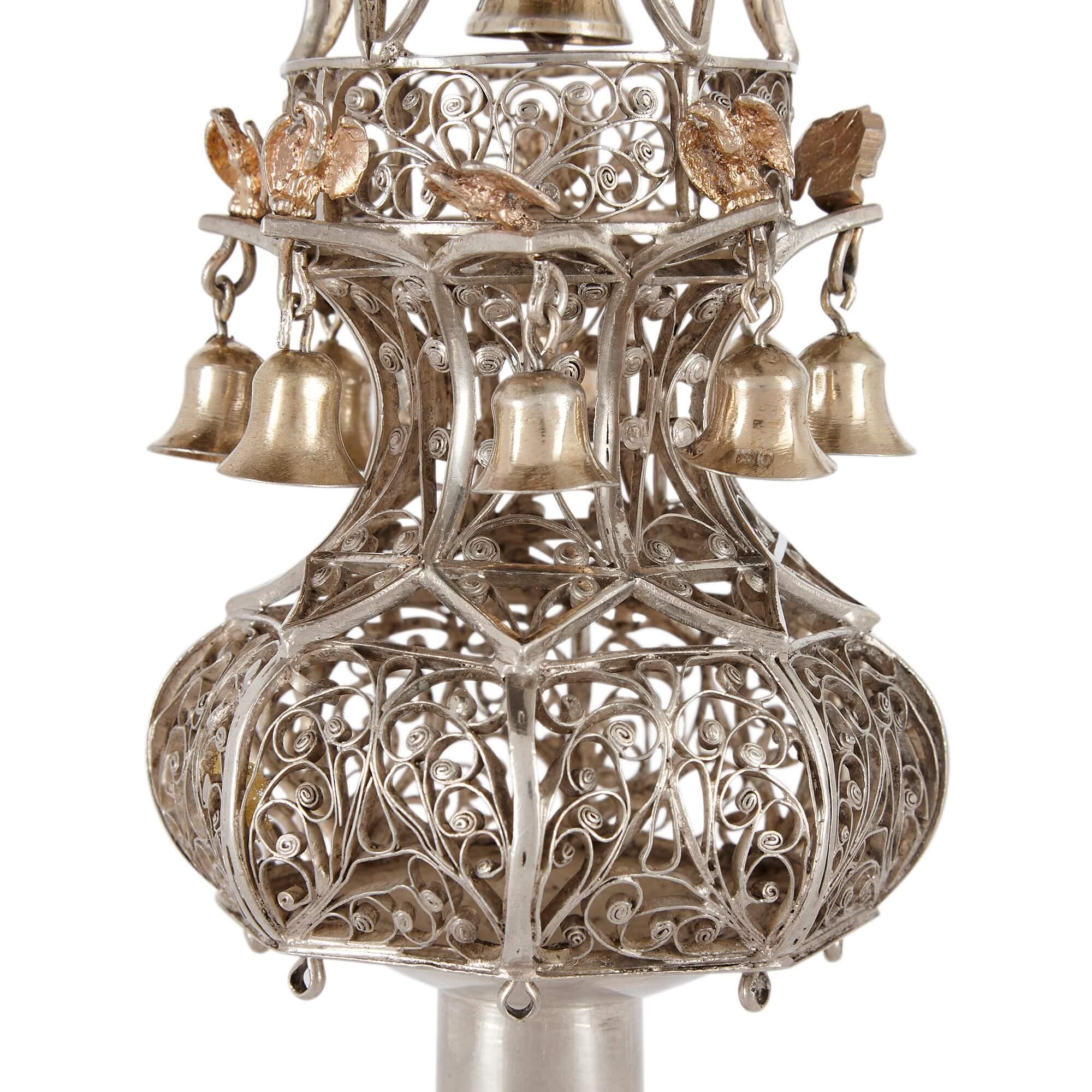 Pair of antique English silver Judaica Rimonim or Torah Finials.
London, 1916
Measures : Height 28cm, diameter 9cm

These fine pieces of antique Judaica are a pair of Torah finials, also known as Rimonim, and were made in England in the early
