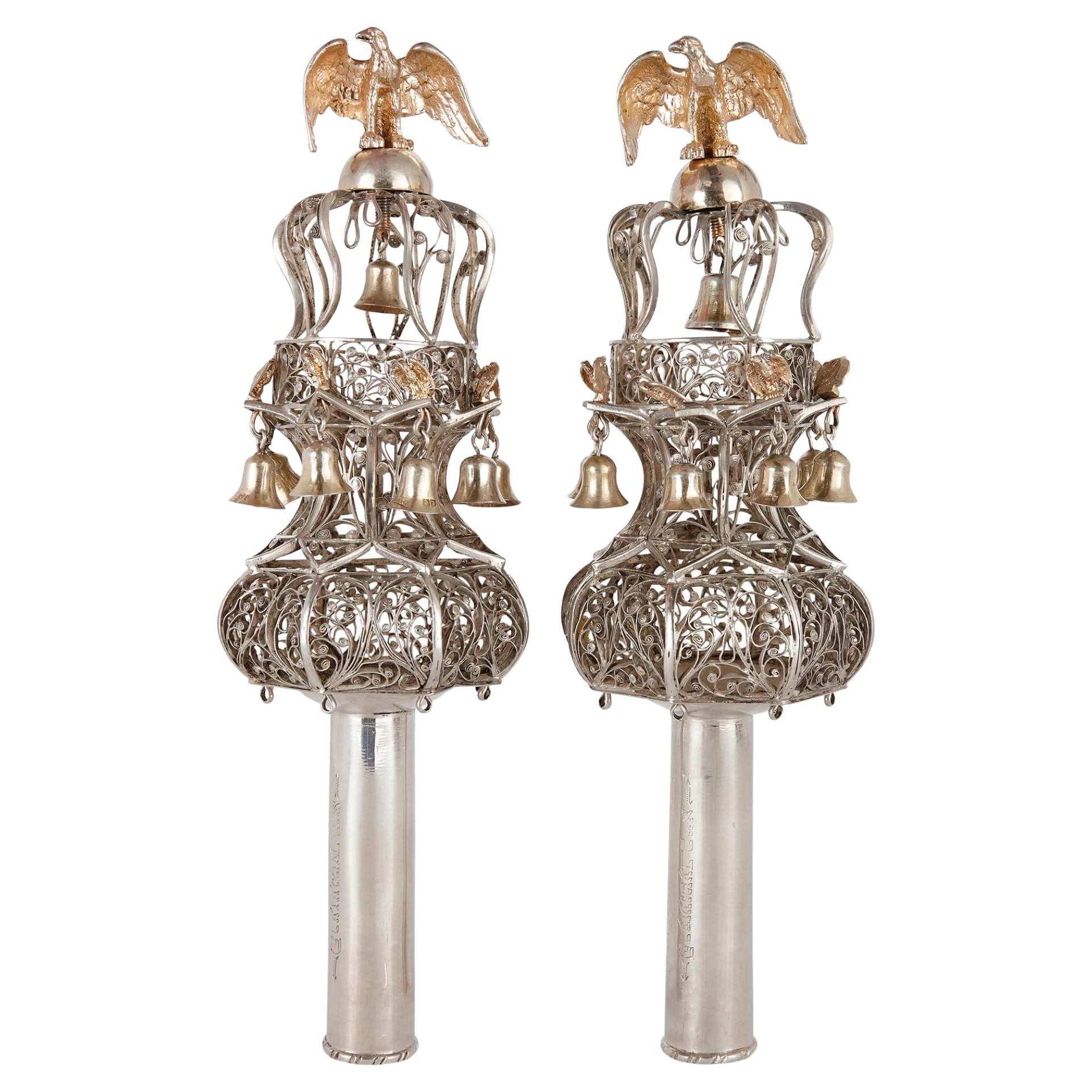 Pair of Antique English Silver Judaica Rimonim or Torah Finials For Sale