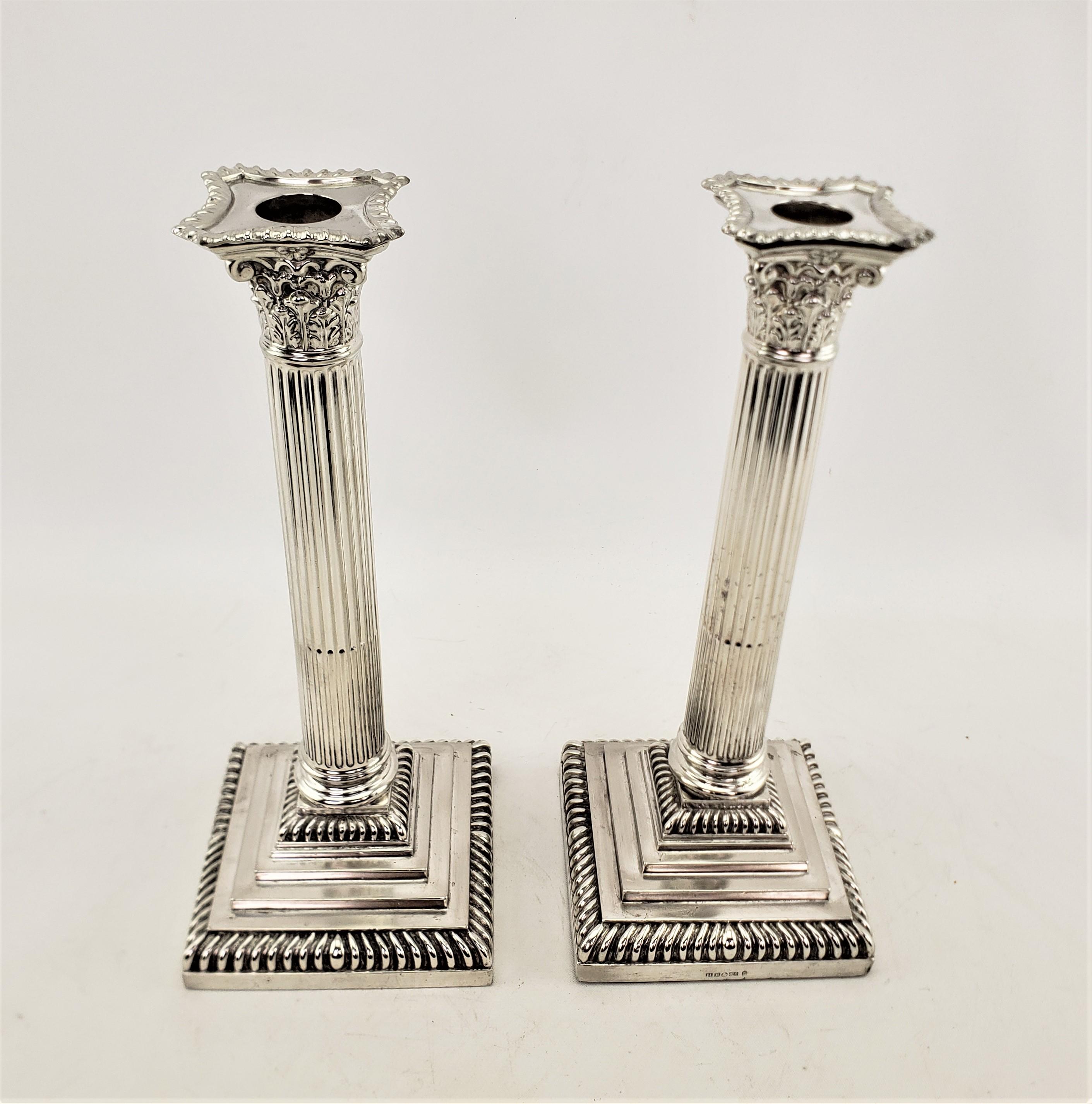 Pair of Antique English Silver Plated Candlesticks in a Corinthian Column Style For Sale 1