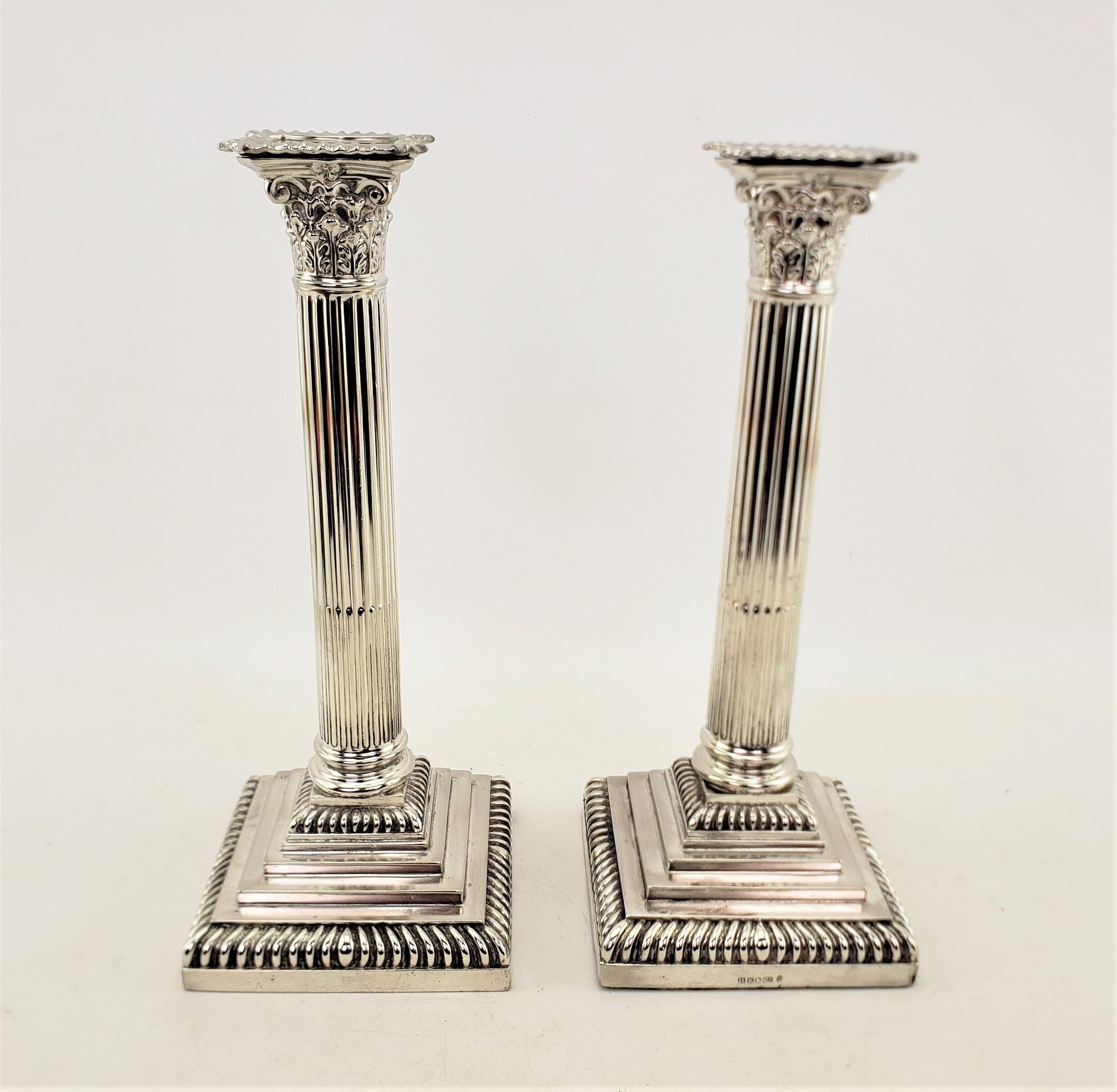 Pair of Antique English Silver Plated Candlesticks in a Corinthian Column Style For Sale 2