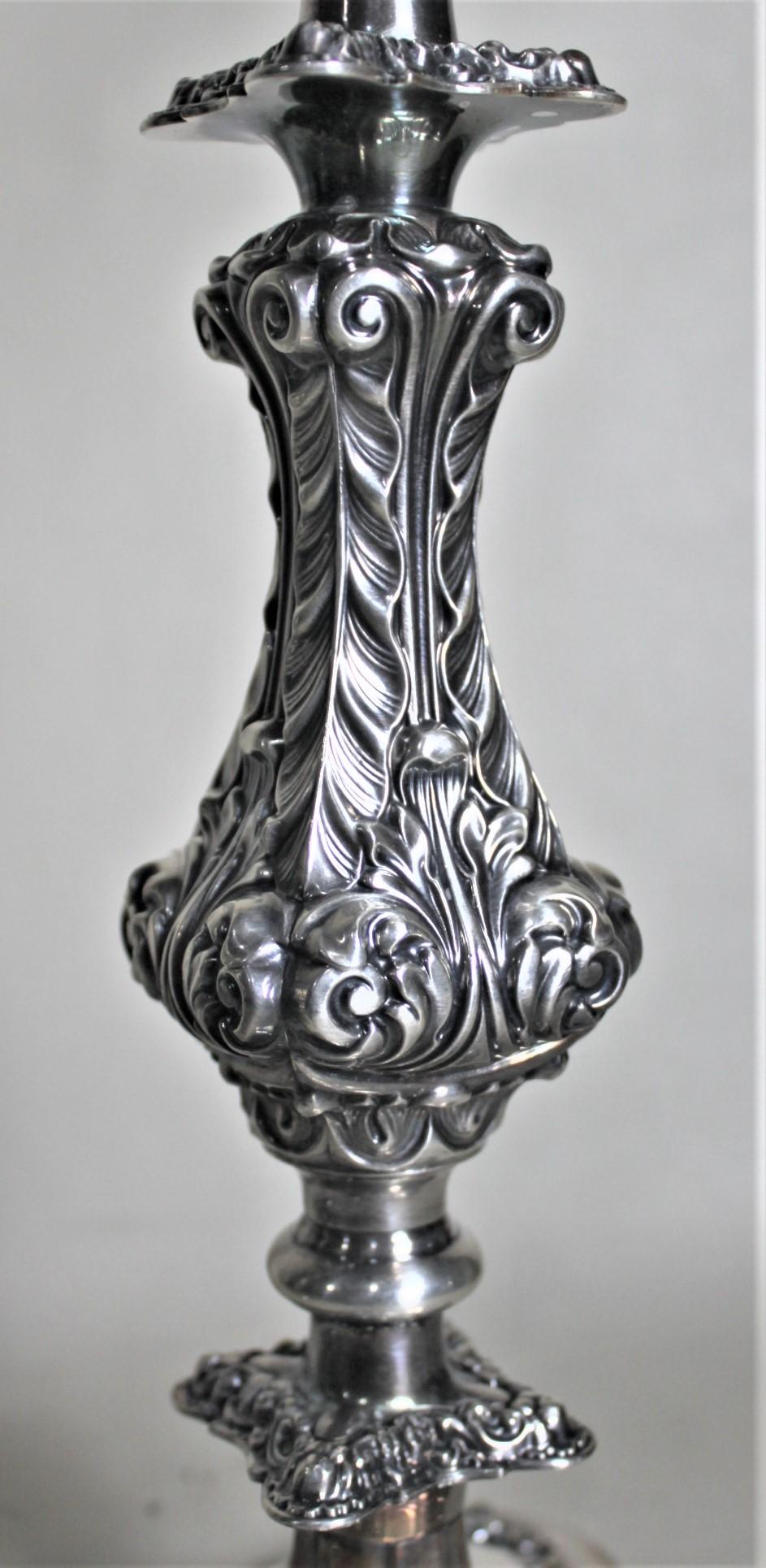 Pair of Antique English Silver Plated Candlesticks with Chased Leaf Decoration For Sale 2