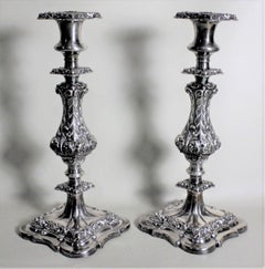 Pair of Antique English Silver Plated Candlesticks with Chased Leaf Decoration