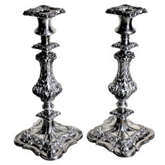 Pair of Antique English Silver Plated Candlesticks with Chased Leaf Decoration