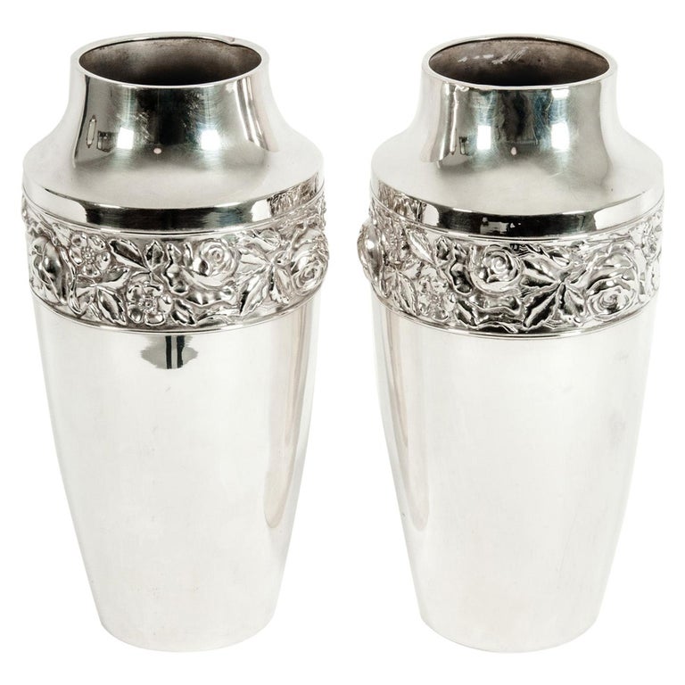 Pair Of Antique English Silver Plated Hand Chased Vases Pieces