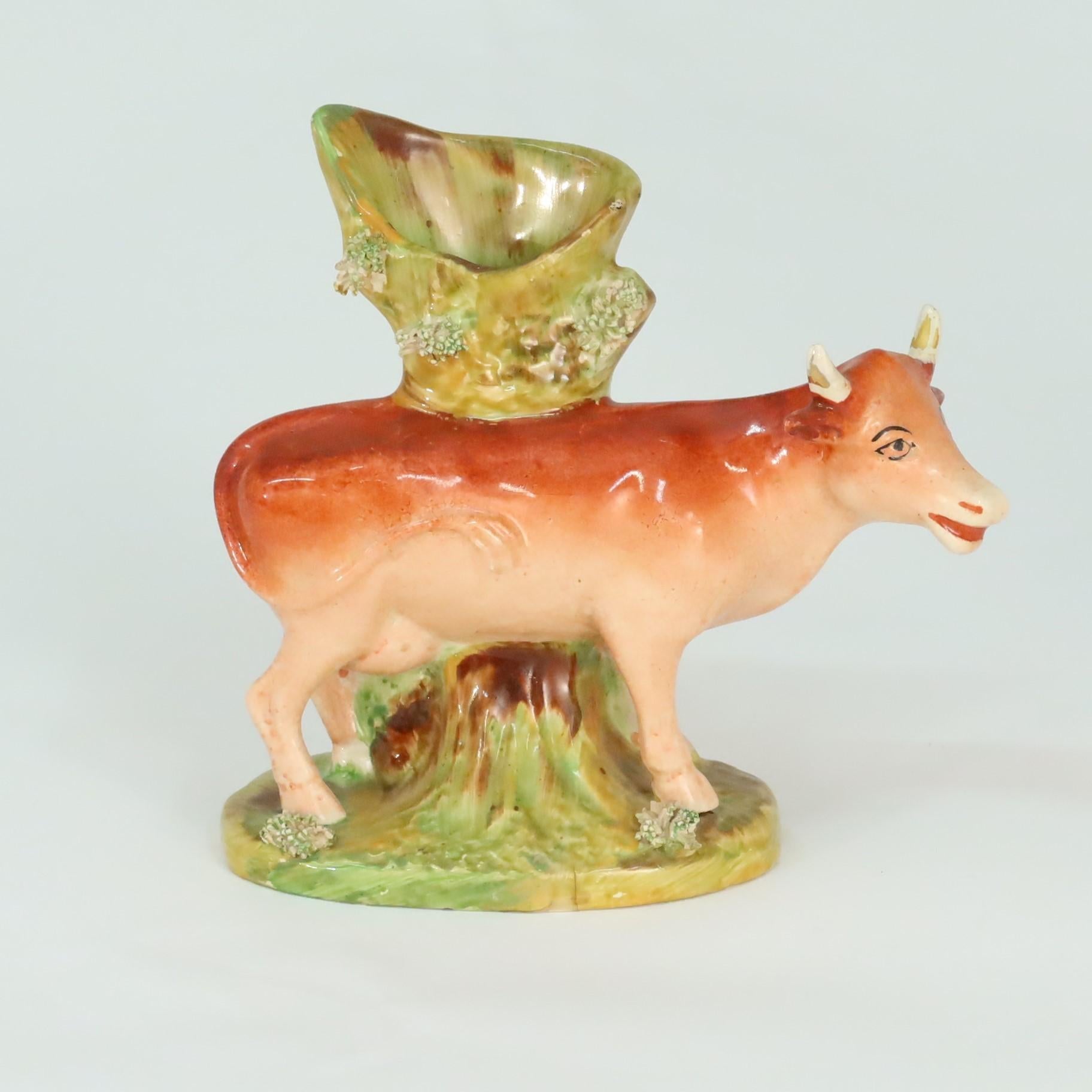 Victorian Pair of Antique English Staffordshire Cow Spill Vases, circa 1840 For Sale
