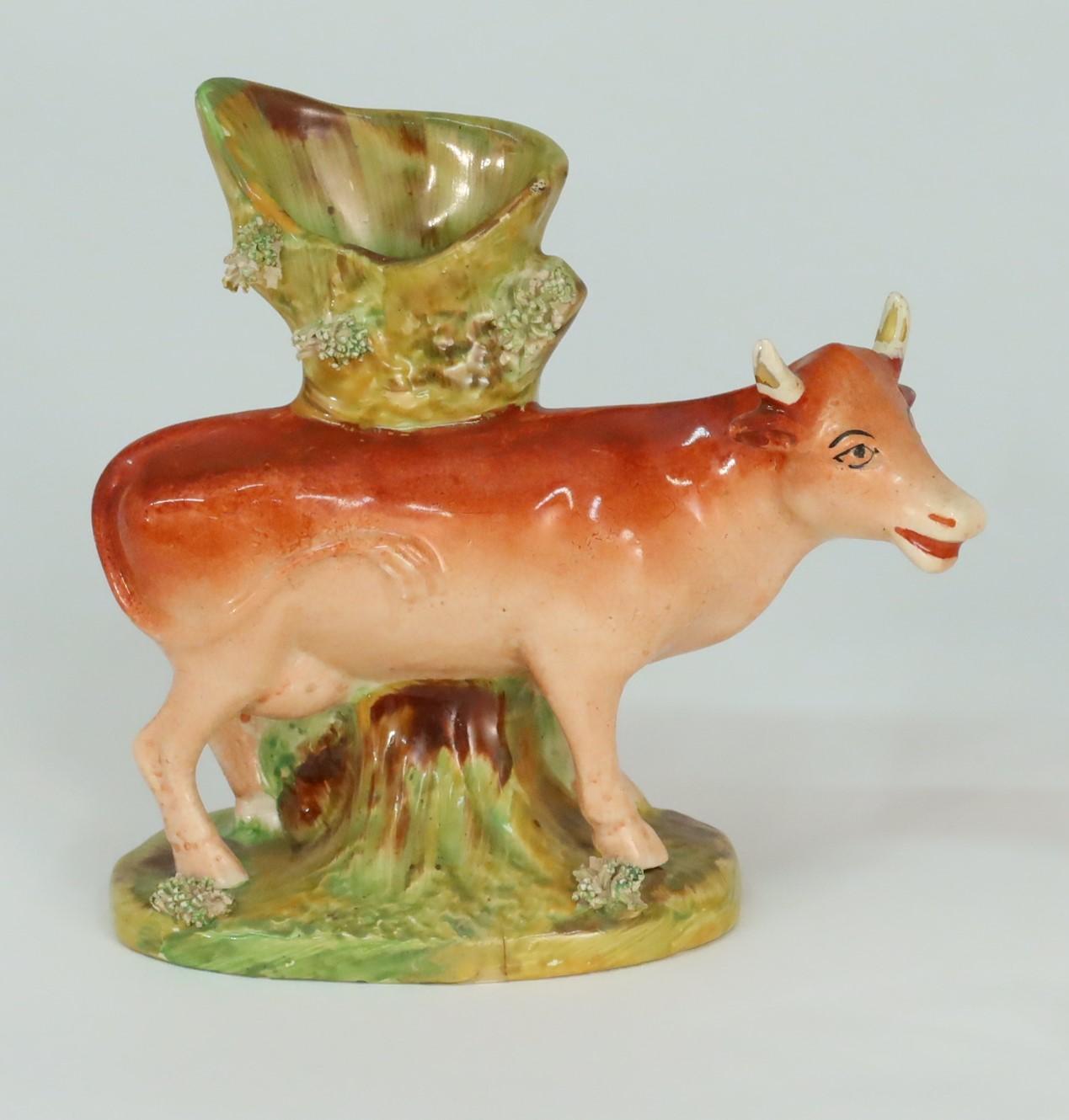 Hand-Painted Pair of Antique English Staffordshire Cow Spill Vases, circa 1840 For Sale