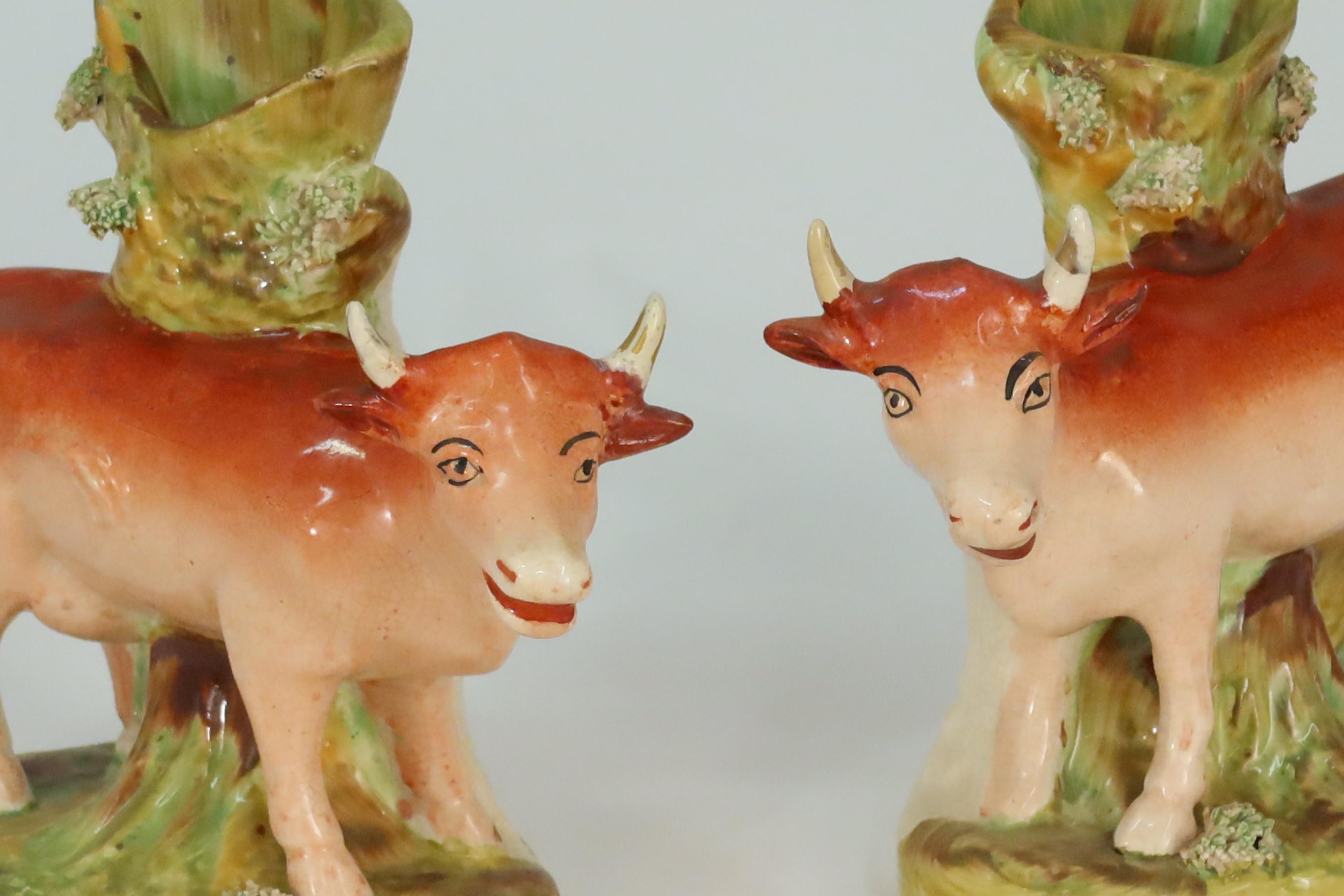 Pottery Pair of Antique English Staffordshire Cow Spill Vases, circa 1840 For Sale