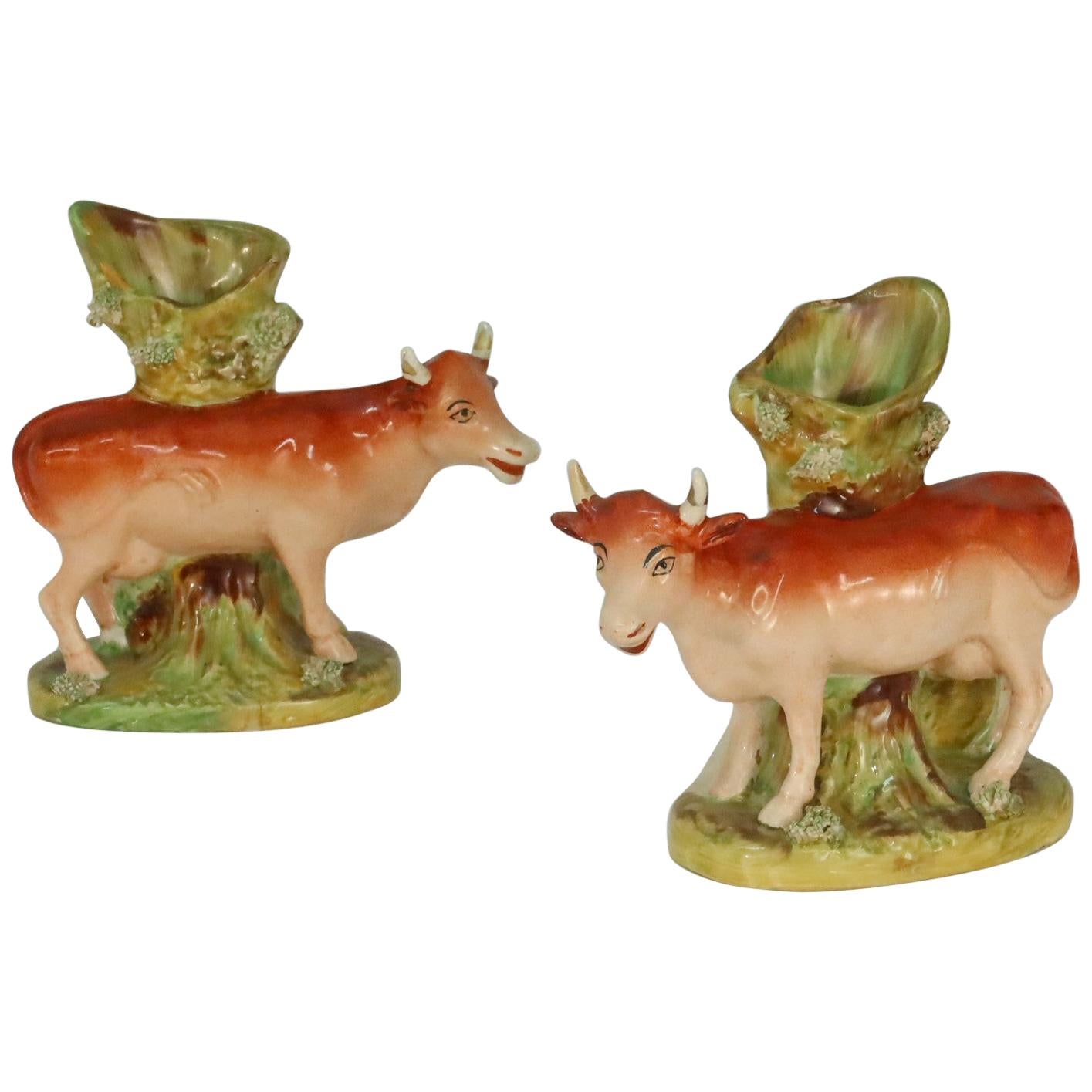 Pair of Antique English Staffordshire Cow Spill Vases, circa 1840 For Sale