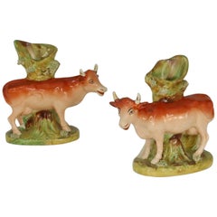 Pair of Antique English Staffordshire Cow Spill Vases, circa 1840