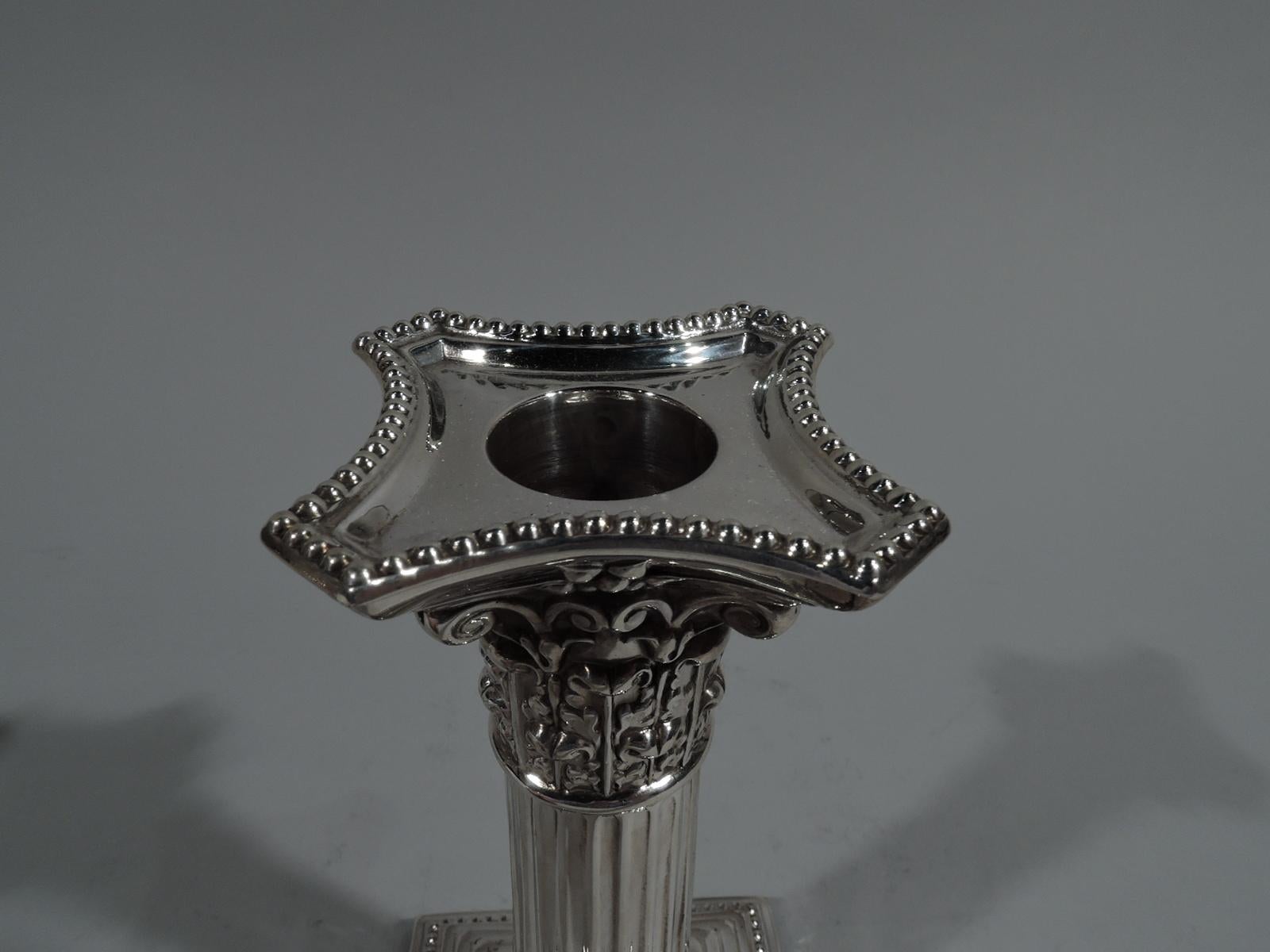 Neoclassical Pair of Antique English Sterling Silver Classical Column Candlesticks