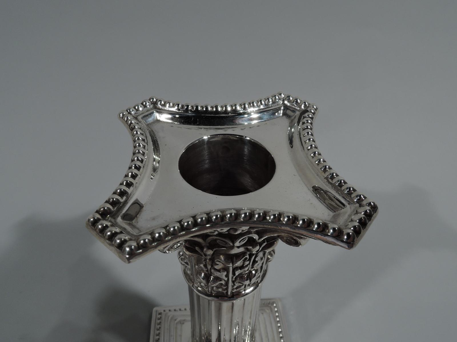 Pair of Antique English Sterling Silver Classical Column Candlesticks In Good Condition In New York, NY