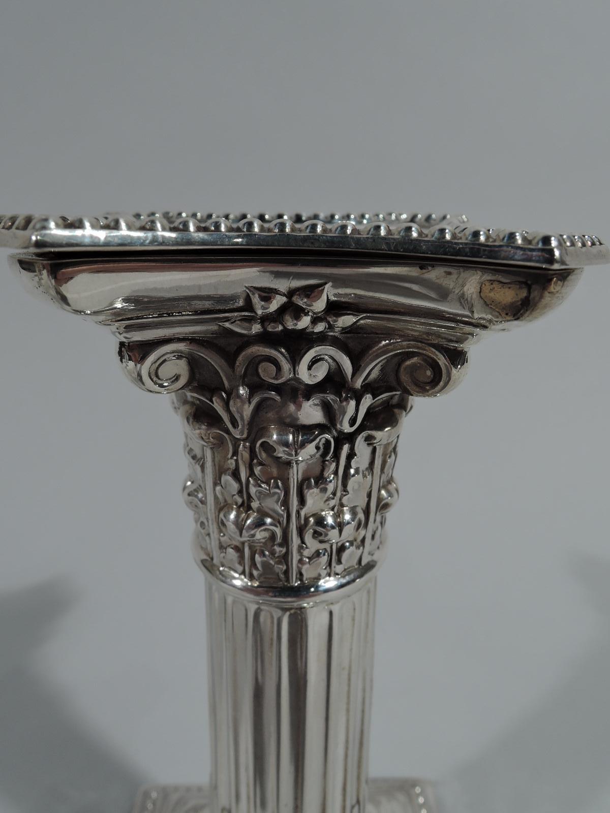 Early 20th Century Pair of Antique English Sterling Silver Classical Column Candlesticks