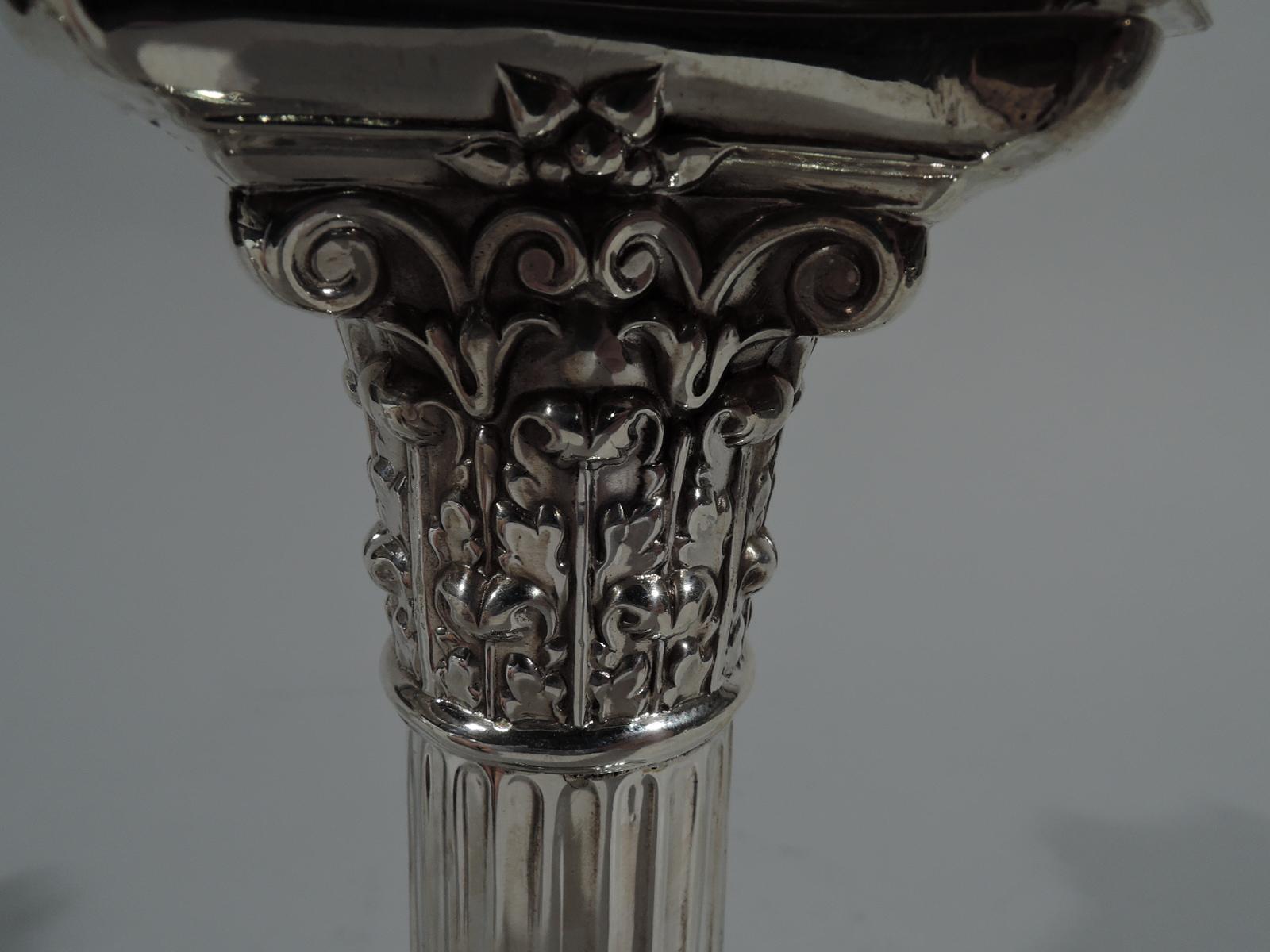 Pair of Antique English Sterling Silver Classical Column Candlesticks 1