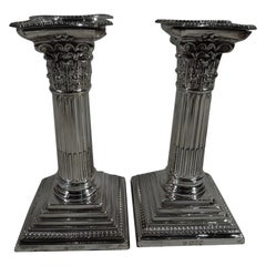 Pair of Antique English Sterling Silver Classical Column Candlesticks